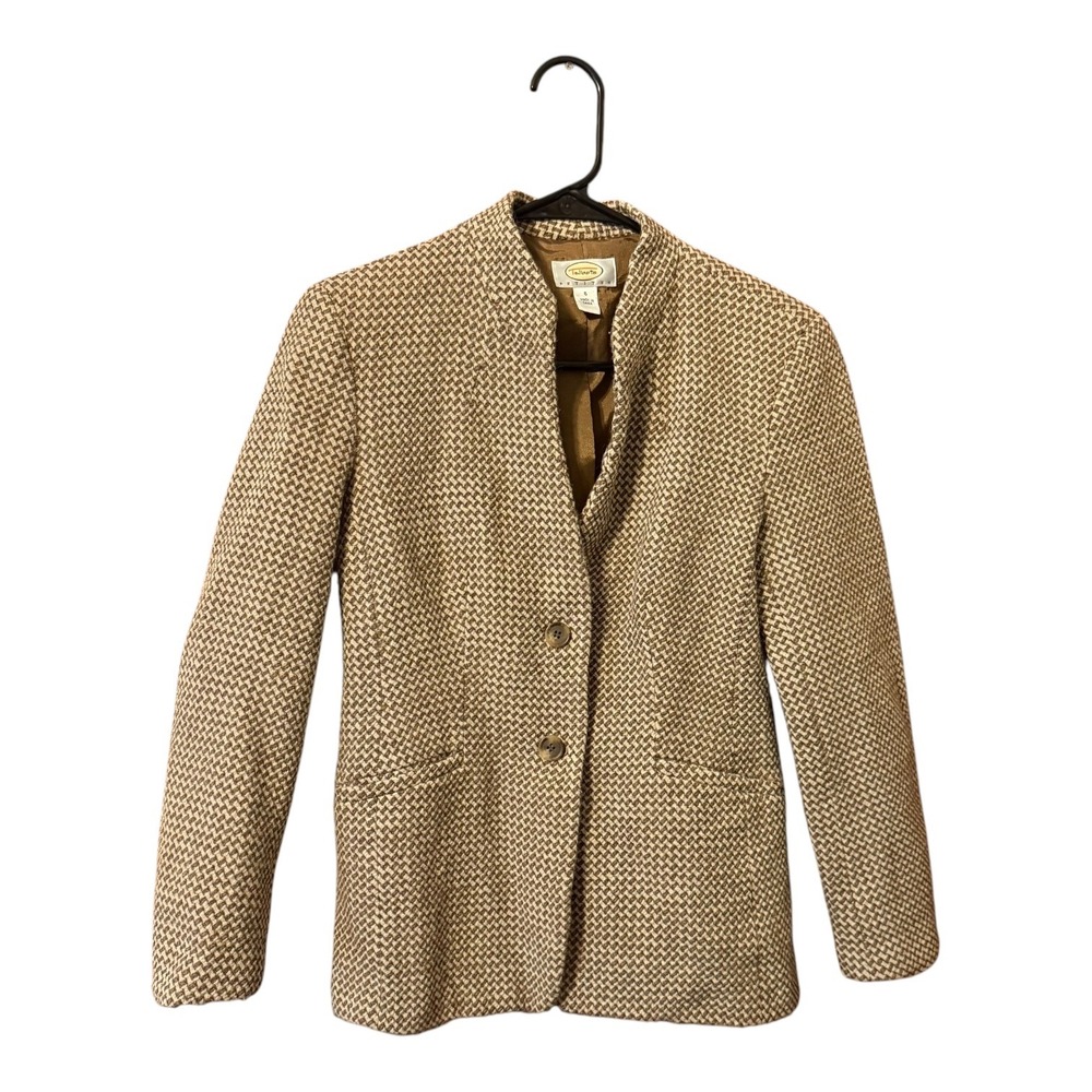 Talbots Blazer Women 6P Brown Excellent Wool Houndstooth Stand Collar Jacket
